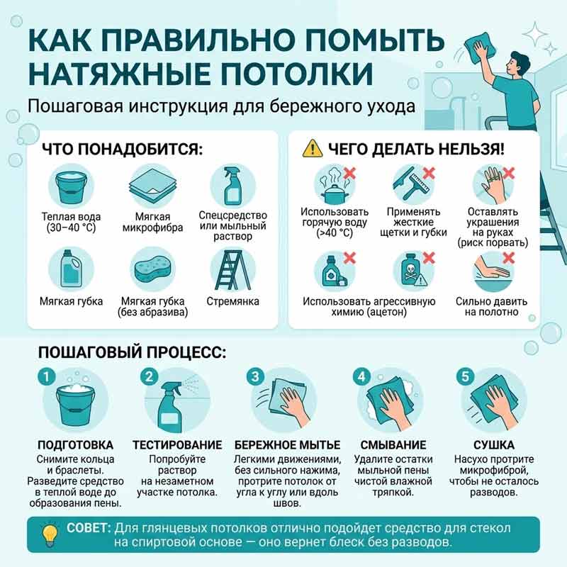 чек-лист для правильного ухода за натяжным потолком