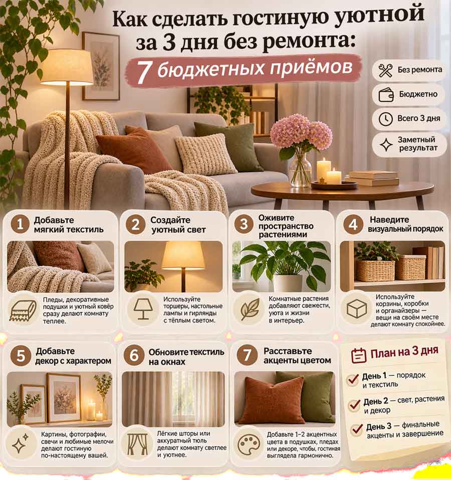 Как сделать гостиную уютной без ремонта за 3 дня