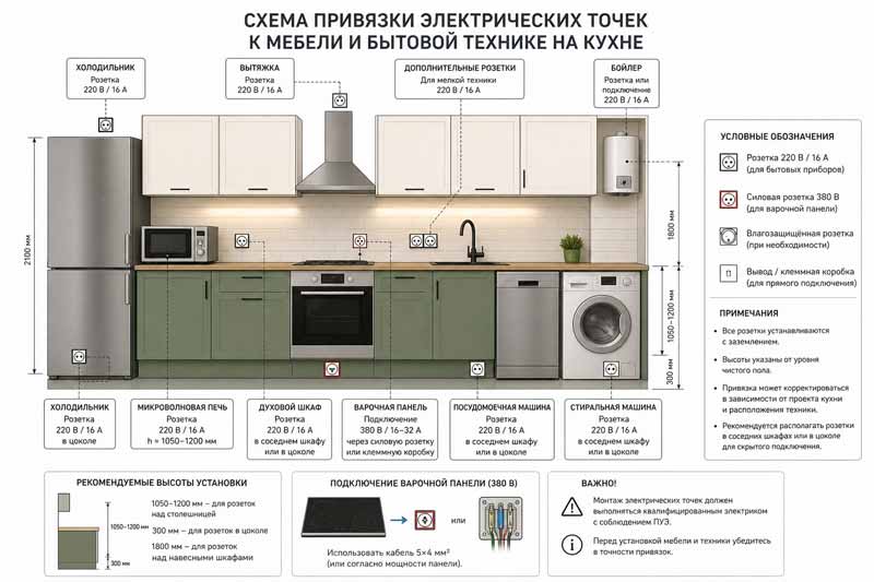 установка розеток на кухне