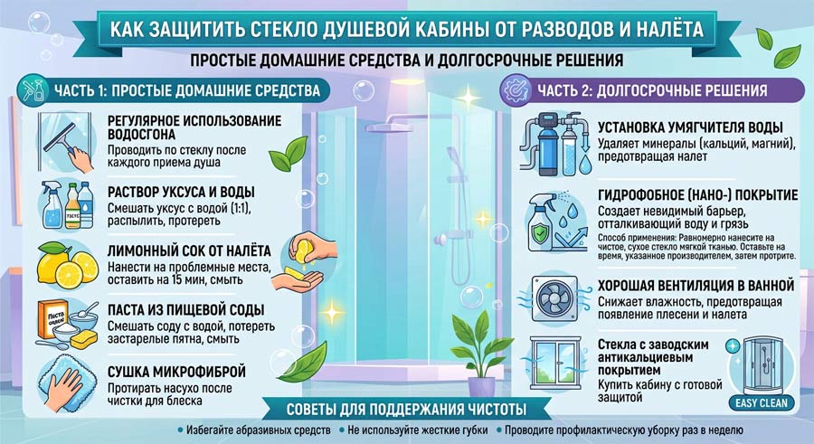Способы защиты стекла душевой кабины: от быстрых домашних средств до долговременных решений