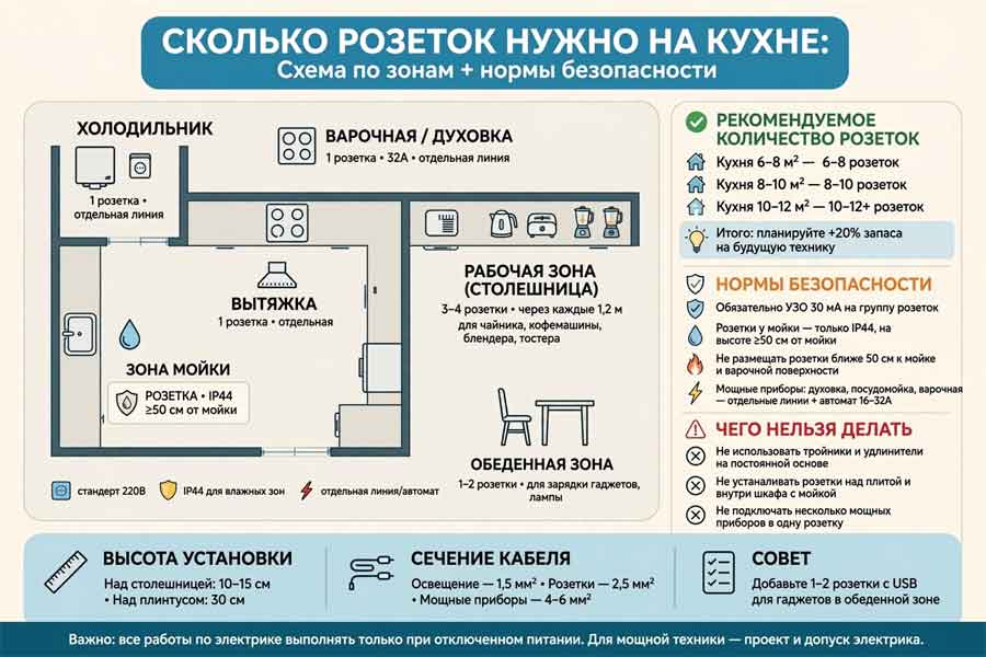 сколько розеток нужно на кухне